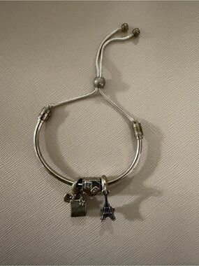 Pandora Silver Bracelet with Eiffel Tower and Handbag Charms